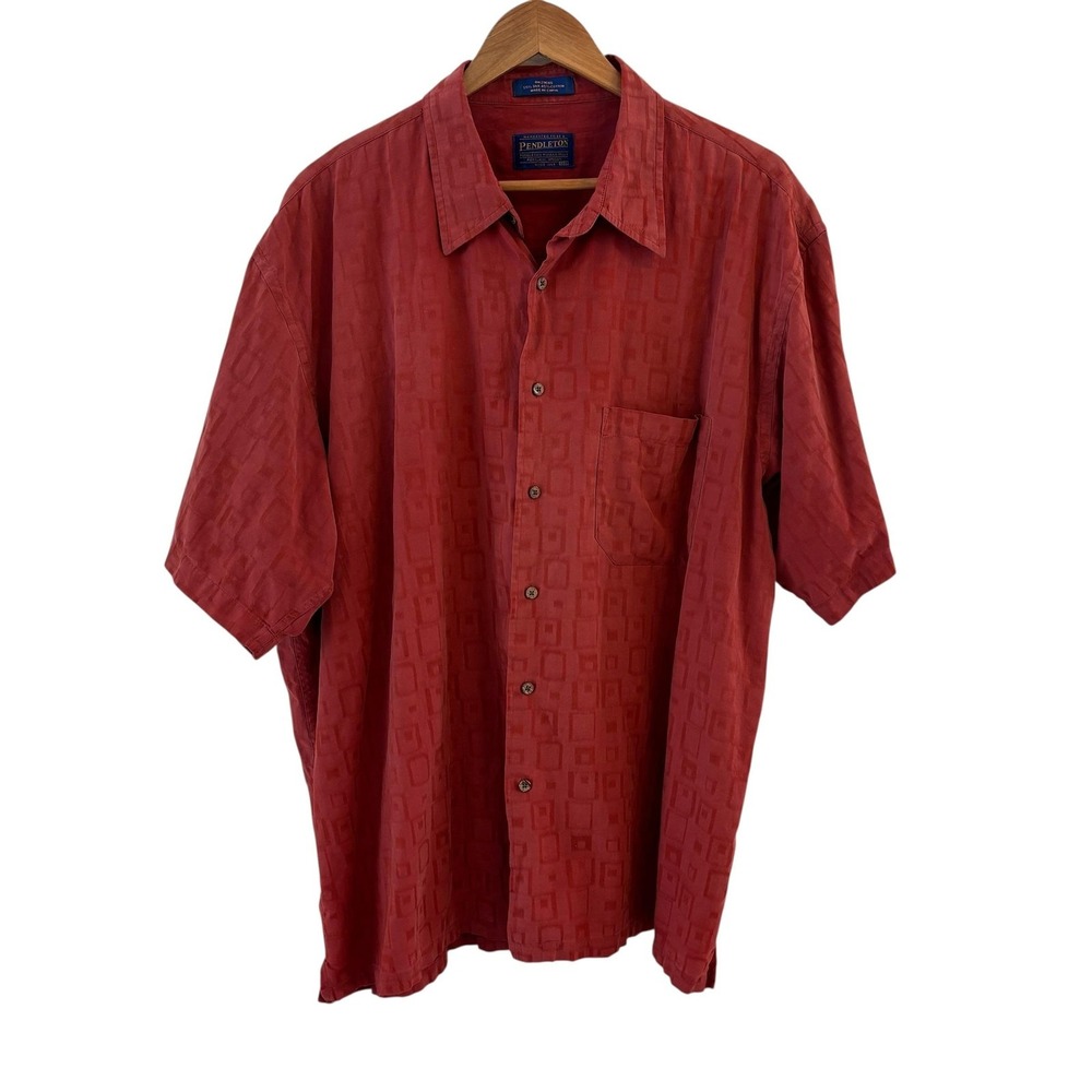 Pendleton‎ Silk Blend Button Up Shirt Mens XL Red Geometric Short Sleeve Resort